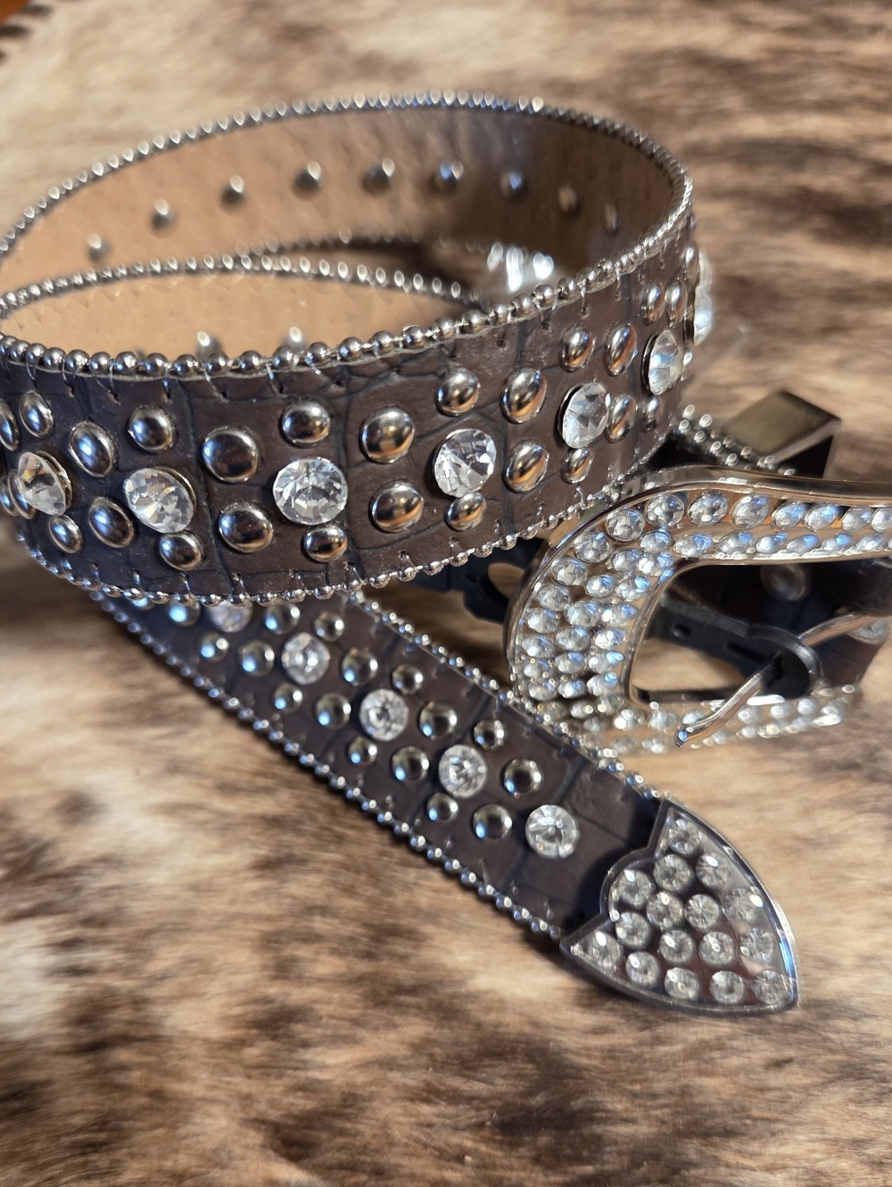CB Brown Rhinestone Studded Leathet Belt. Sz 22"  1 & 1/2" Wide.